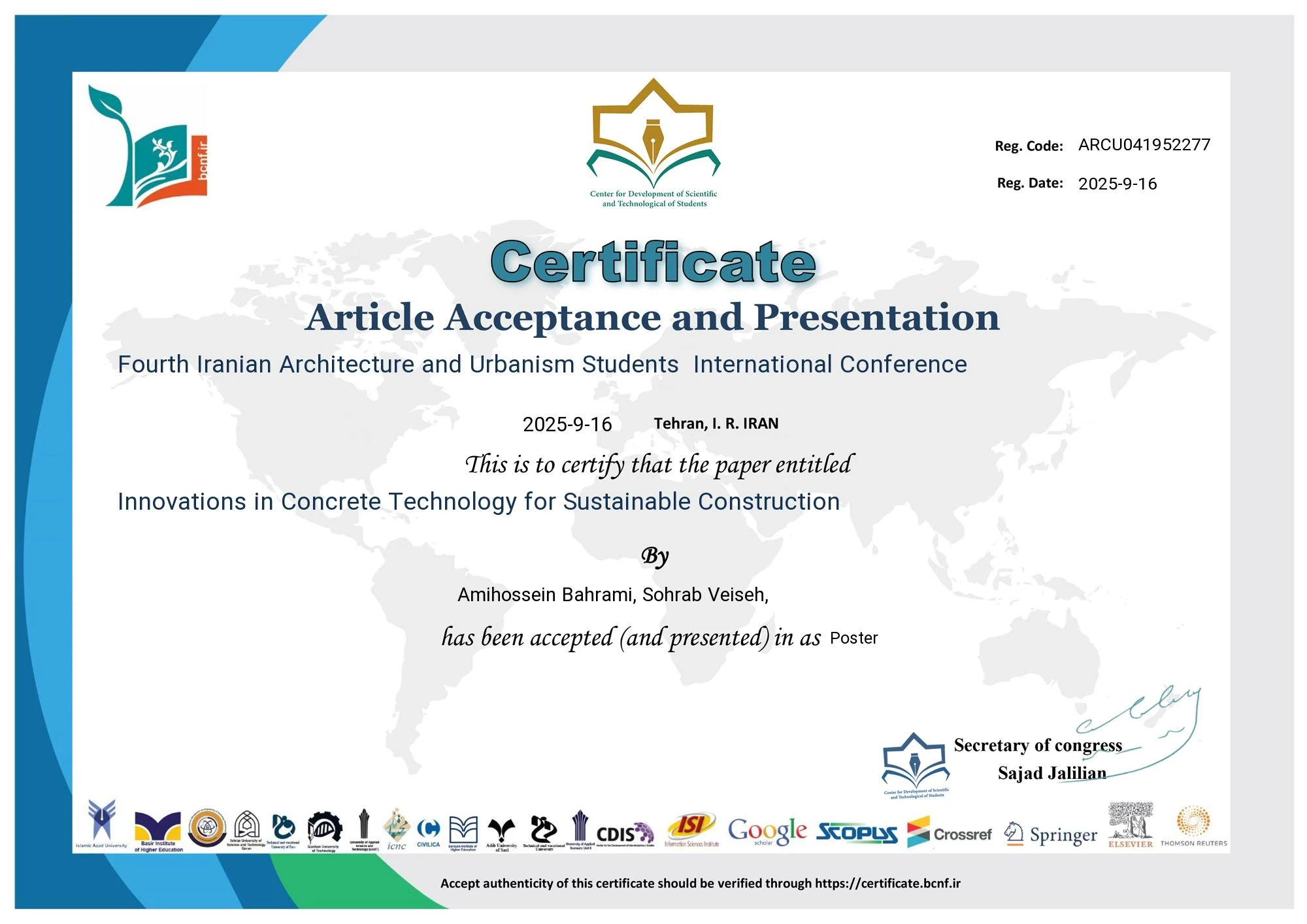 Conference certificate for the concrete technology poster, dated 16 September 2025
