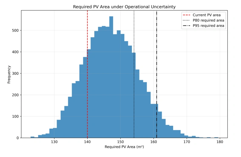 Original thesis histogram of required PV area with current area P80 and P95 thresholds