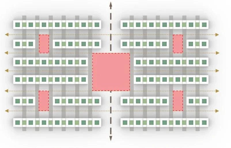 Thesis diagrams exploring a complementary courtyard and shaded-passage residential typology